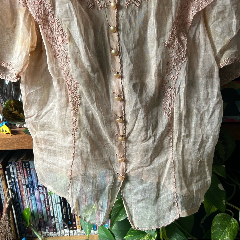 Vintage 60s sheer blouse orange pink Peter Pan collar - Picture 9 of 17